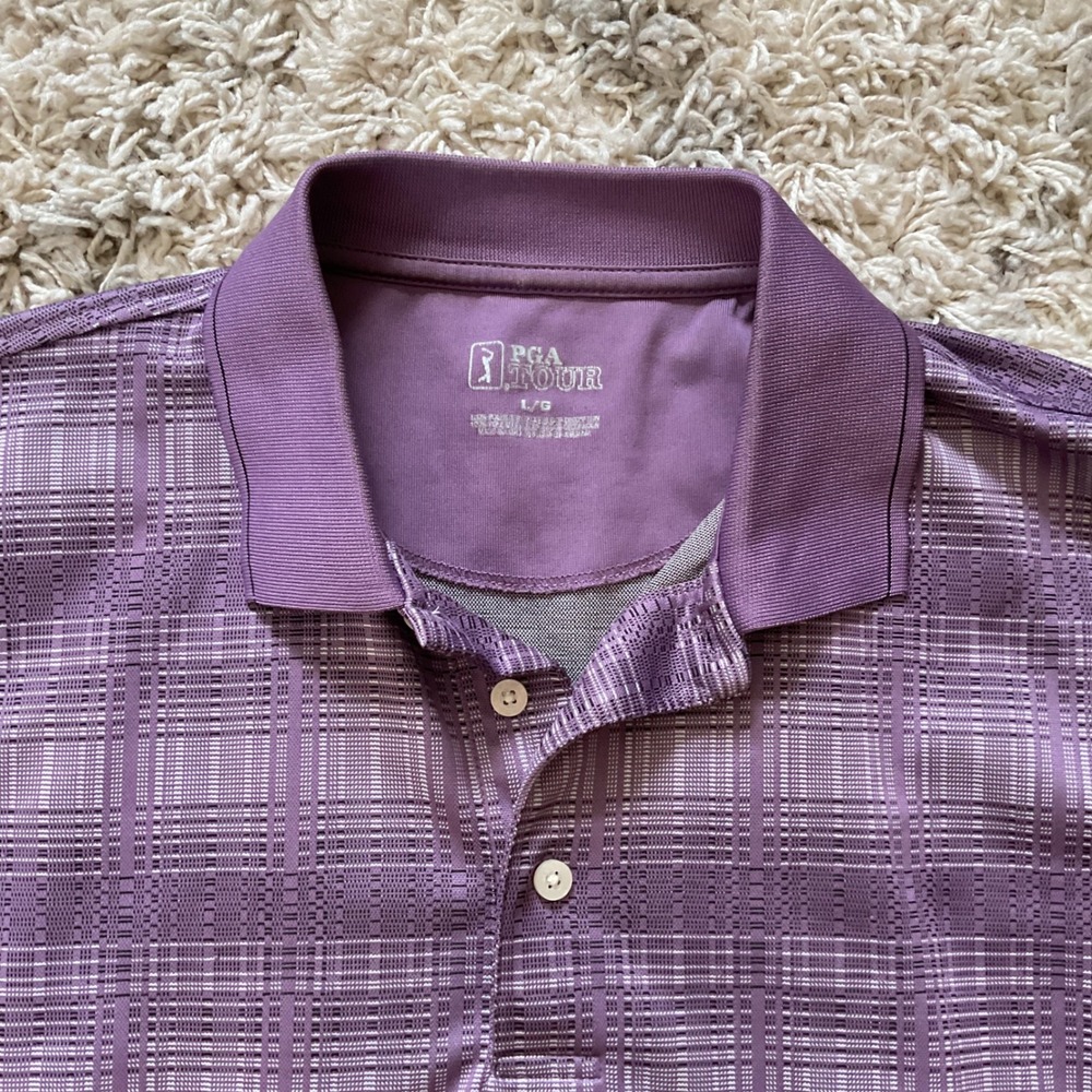 PGA Tour Mens Large Purple Plaid Textured‎ Short Sleeve Golf Polo Shirt - Picture 6 of 15